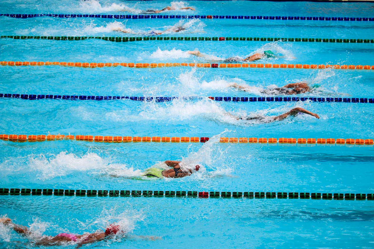 Swimmers diving into a pool at the start of a race